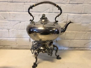 Ant Thomas Bradbury & Sons English Silverplate Tea Kettle w/ Deer & Walnut Dec. - Picture 1 of 12
