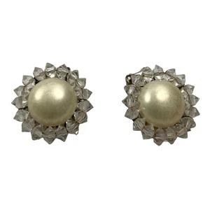 Vintage Earrings Marvella Faux Pearl Clear Beads Clip On - Picture 1 of 5