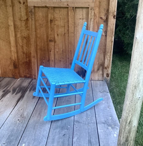 antique Amish Made shaker Primitive Little Blue rocking chair / Woven Seat Cover