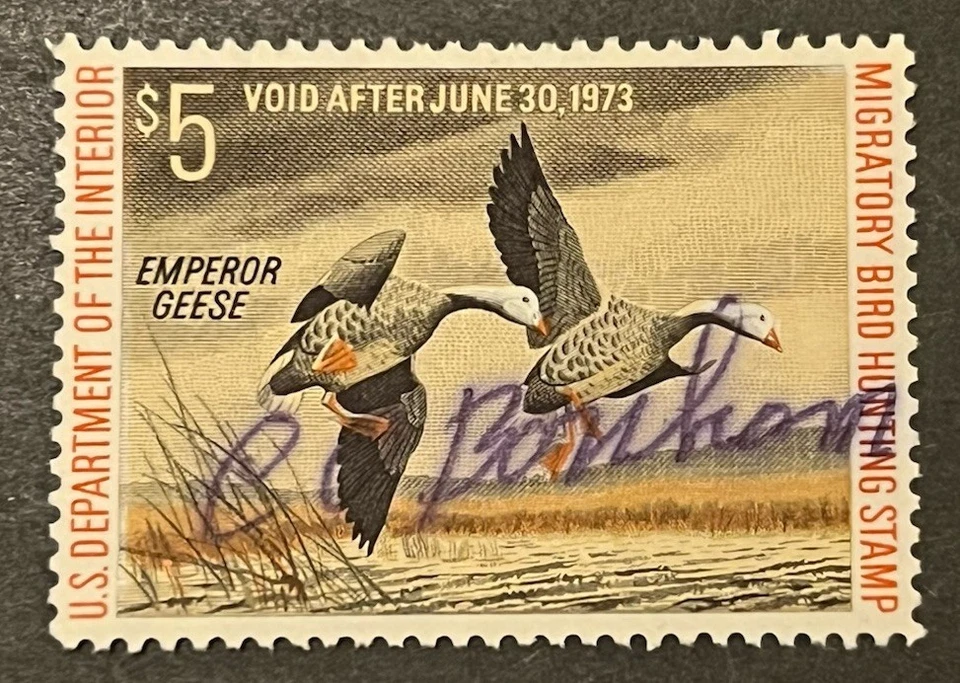 Travelstamps: 1972 US Federal Duck Stamps Scott #RW39 $5 Used Hunter Signed - Image 1 of 4