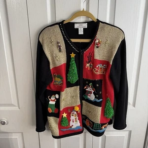 Lisa International VTG Christmas Embroidered Bell Full Zip Cardigan Womens Large - Picture 1 of 8