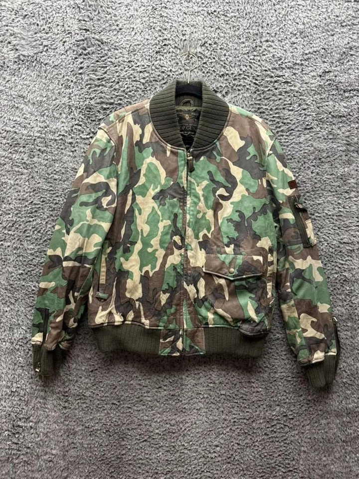 Chaqueta Bomber Top Gun Camuflaje Cuero Acolchada Cremallera Completa Raro Para Hombre Talla L Foto 1 de 4