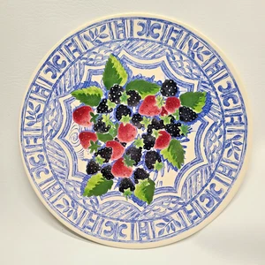 Large 12" Gien France Oiseau Bleu Cake Plate Berries w Blue Border, Hand-Painted - Picture 1 of 7