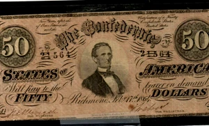 $50 "CONFEDERATE CURRENCY" 1800'S $50 (LARGE DENOMINATION) $50 NICE!!! - Picture 1 of 3