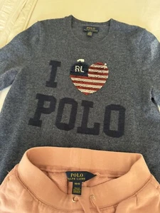 Polo Ralph Lauren Girl Blue Wool Blend FLAG Heart Sweater With Pants Set M8-10 - Picture 1 of 7