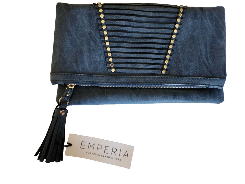 Cartera sin asas plegable Emperia azul gamuza con adornos metálicos Foto 1 de 4
