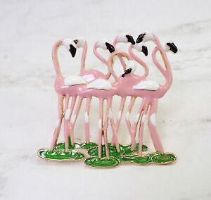 Pink flamingo pin brooch with multiple flamingos in pink and white enamel  New