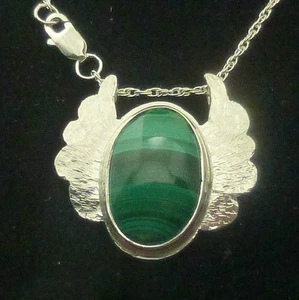 Sterling Silver & Malachite Angel Wings w 20" Sterling Rope Chain by SmithSilver - Picture 1 of 6