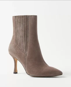 NEW ANN TAYLOR $248 PINE BARK SUEDE CHELSEA STILETTO BOOTIES BOOTS SZ 9.5 - Picture 1 of 3