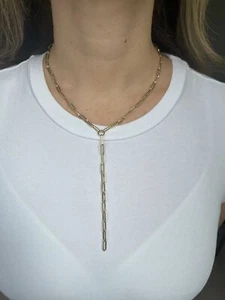 14K Yellow Gold 17" Lariat Paperclip Y-Necklace, 4mm Wide - Picture 1 of 10
