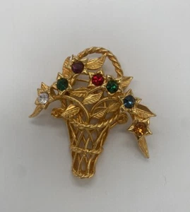 Broche prendedor vintage Joan Rivers cesta de flores tono dorado estrás estrella floral - Imagen 1 de 3
