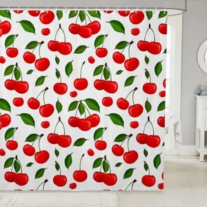 Fruit Shower Curtain Red Cherry Watercolor Decor Shower Curtain Sets Bath Cur... - Picture 1 of 7