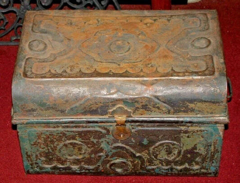 Antique Victorian Metal Tin Treasure Chest Storage Trunk Raised Designs Cover