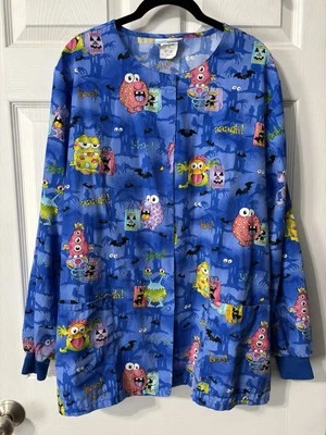 Halloween SB Fashion Scrubs Jacket Top Large Blue LS Pockets Monsters Aliens - Image 1 of 4