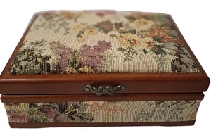 Vintage Wooden Floral Tapestry Jewelry Box w/Mirror Inside Granny Core Cushioned - Picture 1 of 8