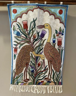Kashmiri Chain Stitch Silk Wall Hanging Tapestry Birds & Floral 24”x 38” - Image 1 of 4