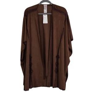 Chicos Brown S/M Crochet Vegan Suede Open Front Ruana Cover Up Neutral New - Picture 1 of 4