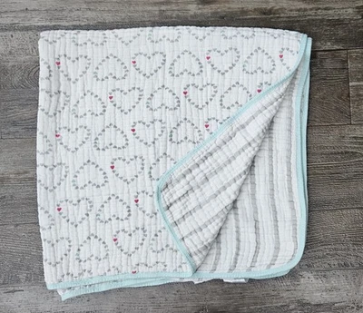 Aden Anais Muslin Thick Quilted Gray Hearts And Stripes Teal Trim Baby Blanket - Image 1 of 4