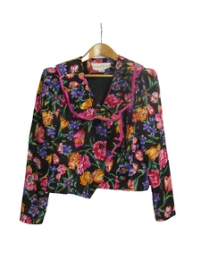 Vtg Richard Warren Womens 10 Black Pink Purple Yellow Floral 100% Silk Blazer M - Picture 1 of 11