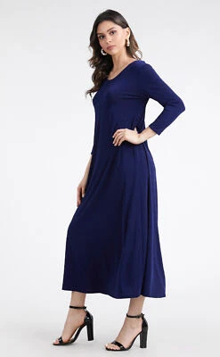 JOSTAR NAVY LONG DRESS Slinky Poly Spandex Knit 3/4 Sleeve  TRAVEL S M L XL - Image 1 of 4