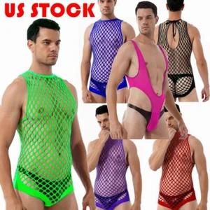 Men Fishnet Mesh Bodysuit Sleeveless High Cut Leotard Netted Bodystockings Sissy - Picture 1 of 130
