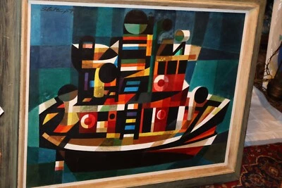 БОЛЬШАЯ КУБИСТИЧЕСКАЯ КАРТИНА 1959 С ПОДПИСЬЮ АБСТРАКТНЫЙ ЭКСПРЕССИОНИЗМ СЕРЕДИНА ВЕКА МОДЕРН - Изображение 1 из 4