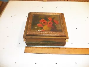 Vintage Holzschmuck/Kommode/Schmuckschachtel mit Mohnblumen Bild oben - Bild 1 von 7