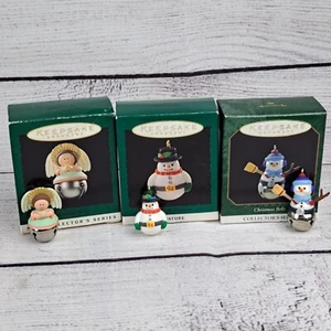 3 Vtg Hallmark Miniature Ornaments Christmas Bells`Angel & Snowman & Jolly Wolly - Picture 1 of 16