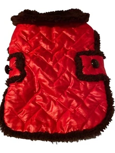 Pet Dog Red Coat Vest Small Parka Jacket Faux Brown Fur Trim New - Picture 1 of 7