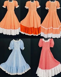 Vintage dress lot, Oklahoma costume cotton gingham orange blue red prairie maxi - Picture 1 of 17