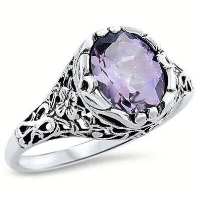 GENUINE 1.50 CARAT AMETHYST 925 STERLING SILVER ART NOUVEAU STYLE RING      816X - Image 1 of 3