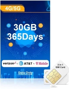 Carte SIM 4G/5G LTE, carte de données 30 Go support 365 jours pour AT&T, T-Mobile, Verizon - Photo 1 sur 9