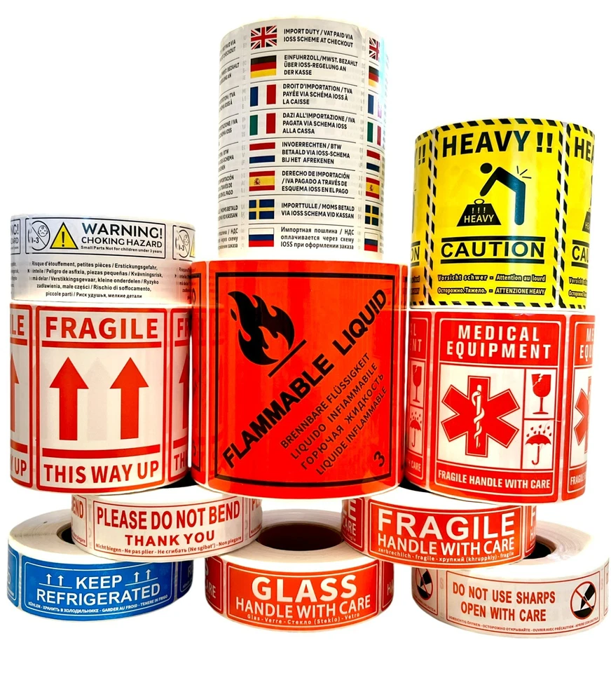 Postage Warning Label Stickers For Parcels. Fragile, Do Not Bend, 7 Designs - Image 1 of 1