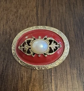 Vintage Brosche Anstecknadel rot goldfarben Perlen - Bild 1 von 3