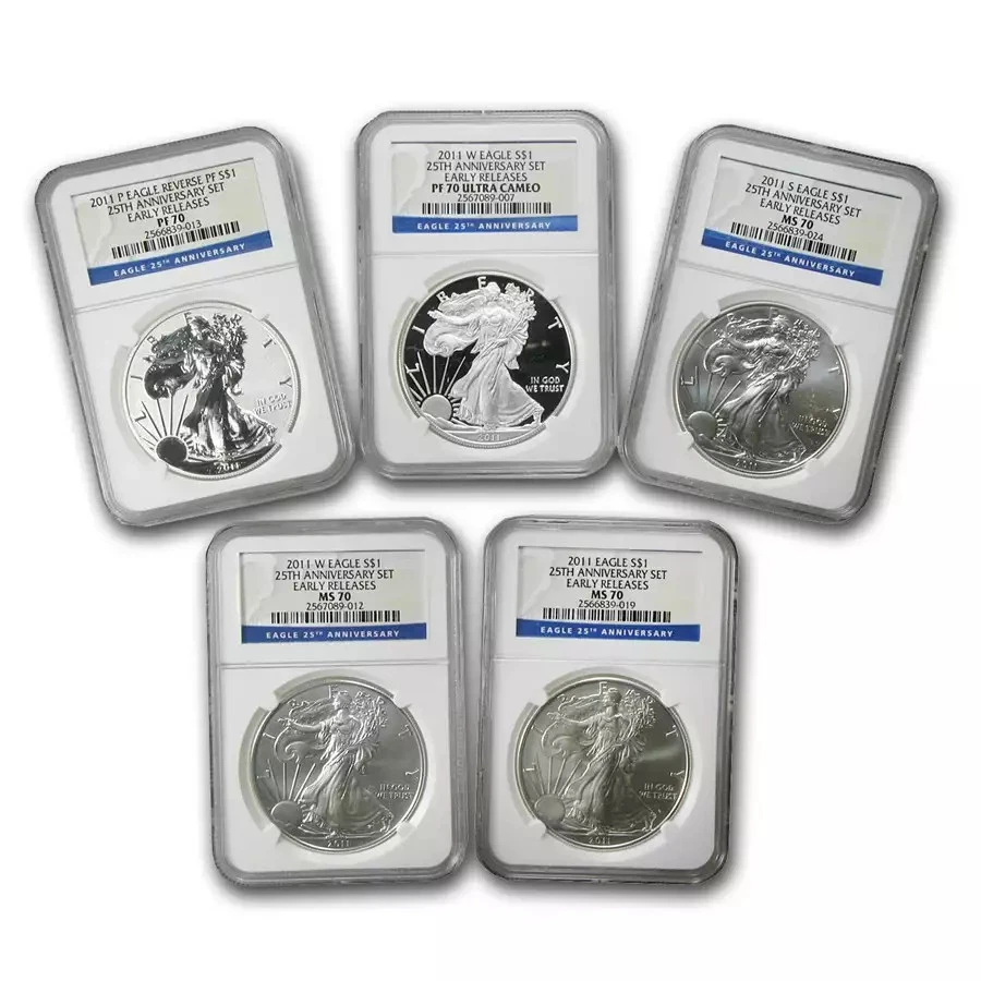 2011 American Silver Eagle 5 Coin 25th Anniversary MS/PF-70 NGC Set - Image 1 of 1