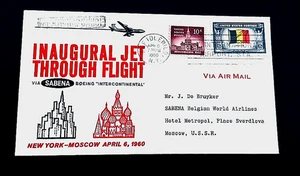 US Stamp Cachet Cover Envelope - 1960 NY to Russia 1st flight Boeing Jet - Picture 1 of 2