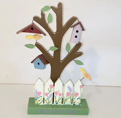 Welcome Spring Wood Tabletop Decoration Picket Fence Birdhouses Birds - Image 1 of 4