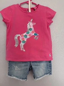 Girls’ 2pc Joules Pink Unicorn  Shirt Sz 4-5 Years  With Gap Denim Shorts Sz 4 - Picture 1 of 15