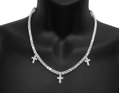 14K White Gold 16CT Natural Diamond Baguette Tennis Cross Charm Necklace 18" Foto 1 de 4