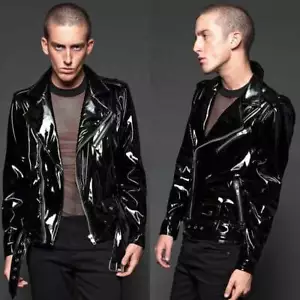 Giacca Vinile Gotica Fatta a Mano Gotica Moto Nero PVC Elegante Giacca Moto Uomo - Foto 1 di 5