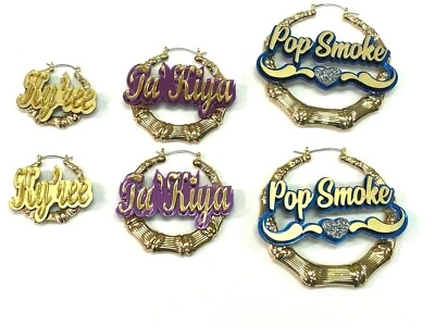 Bamboo Earrings Name Plate Personalized 1.5, 2.5, 3.5" Size Choice, Necklace Too - Image 1 of 4