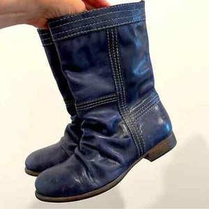 NWT Cinderella Dark Blue Genuine Leather Scrunch Mid Calf Boots Size 6.5 - Picture 1 of 12