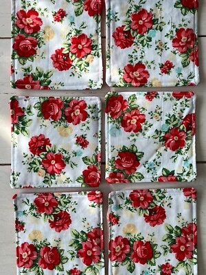 6 Posavasos Mujer Pioneer Hechos a Mano. Diseño floral vintage. Rojo Blanco. Reversible Foto 1 de 4