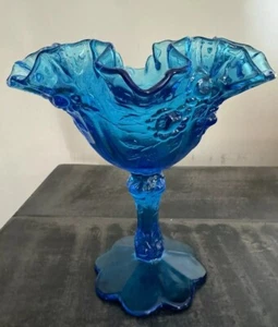 FENTON glass colonial blue cabbage rose compote ruffled - candy dish CIRCA 1960s - Picture 1 of 3