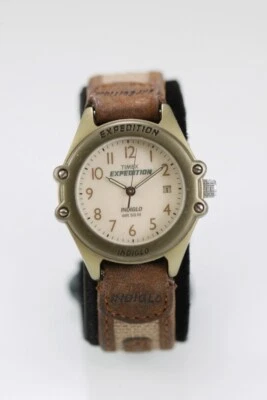 Timex Donna Orologio Oro Acciaio Inox 50m Marrone Beige Pelle Nylon Luce Data - Immagine 1 di 4