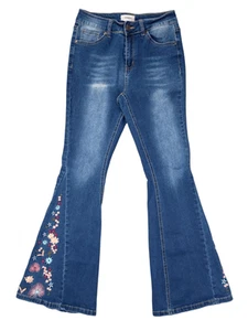 Pantalones de mezclilla de bambú acampanados con fondo rosa floral bordado boho hippie años 90 talla 7 - Imagen 1 de 14