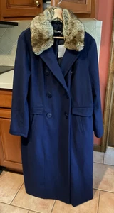 NEW Gabrielle Union Women's Sz XL Blue Double Breasted Faux Fur Collar Long Coat - Picture 1 of 8