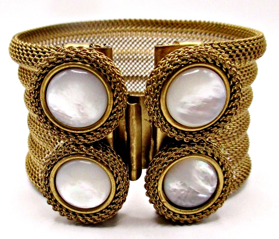 Signed Sarah Cavender Metalworks Double Button Milanese Mesh MOP Cuff Bracelet - Image 1 of 4