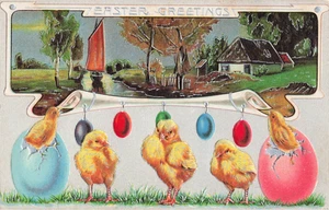 Geprägte Oster Postkarte Küken schauen auf bukolische Vignette - Bild 1 von 2