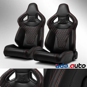 Red Stitching w/Carbon Fiber Leather C-Series PVC Reclinable Sport Racing Seats - Picture 1 of 9